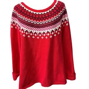 Lands’ End XL Petite / Sz 18 Fair Isle Sweater Red Cotton Blend Nordic Knit
